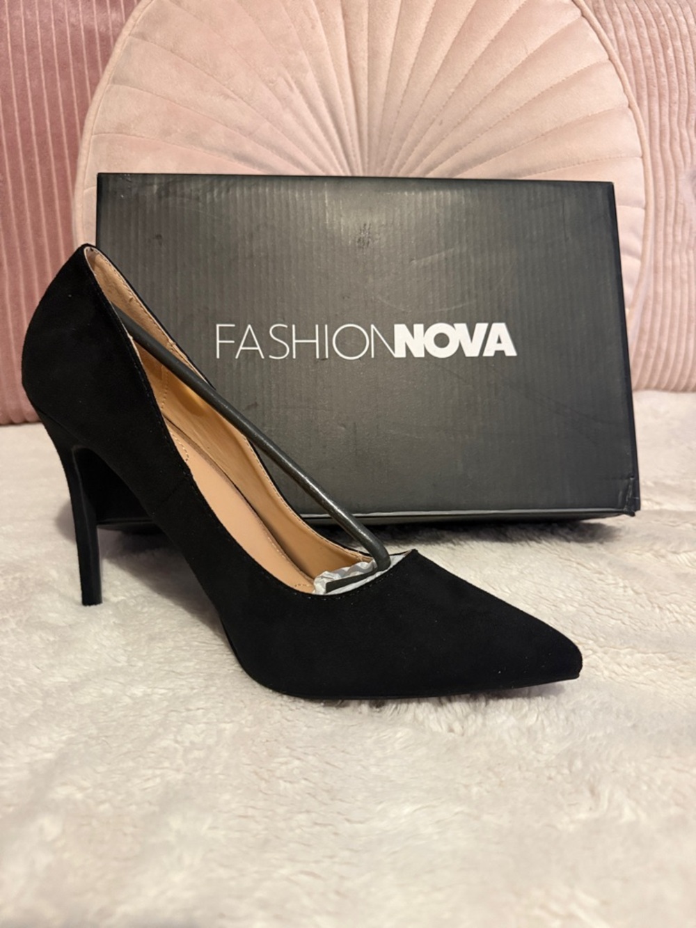 Fashion Nova Black Suede-Look Pointed Stiletto Heels